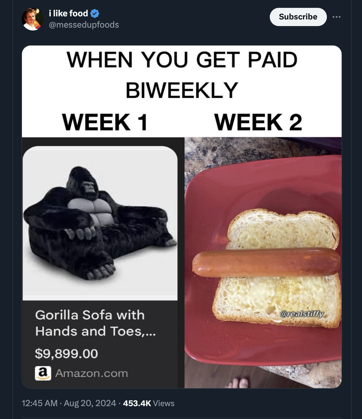 ciabatta - i food Subscribe When You Get Paid Biweekly Week 1 Gorilla Sofa with Hands and Toes,... $9,899.00 a Amazon.com Views Week 2 Creatstilly